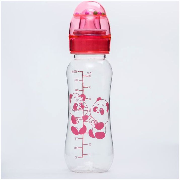 Бутылочка для кормления, крышка-погремушка, 225 мл., цвет розовый артикул анонс 4780639