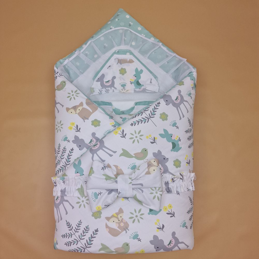 Комплект на выписку 12 пр: одеяло+пододеяльник+уголок+2 пеленки+3 распашонки+3 чепчика+бант артикул анонс 1878с-2-2_о_04