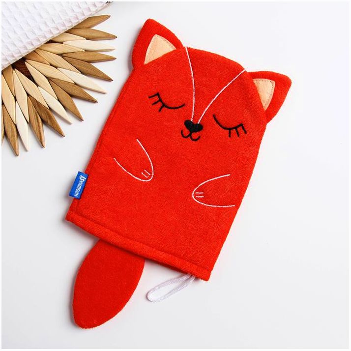 Мочалка детская для купания «Лисичка», варежка, из махры артикул анонс 3612503