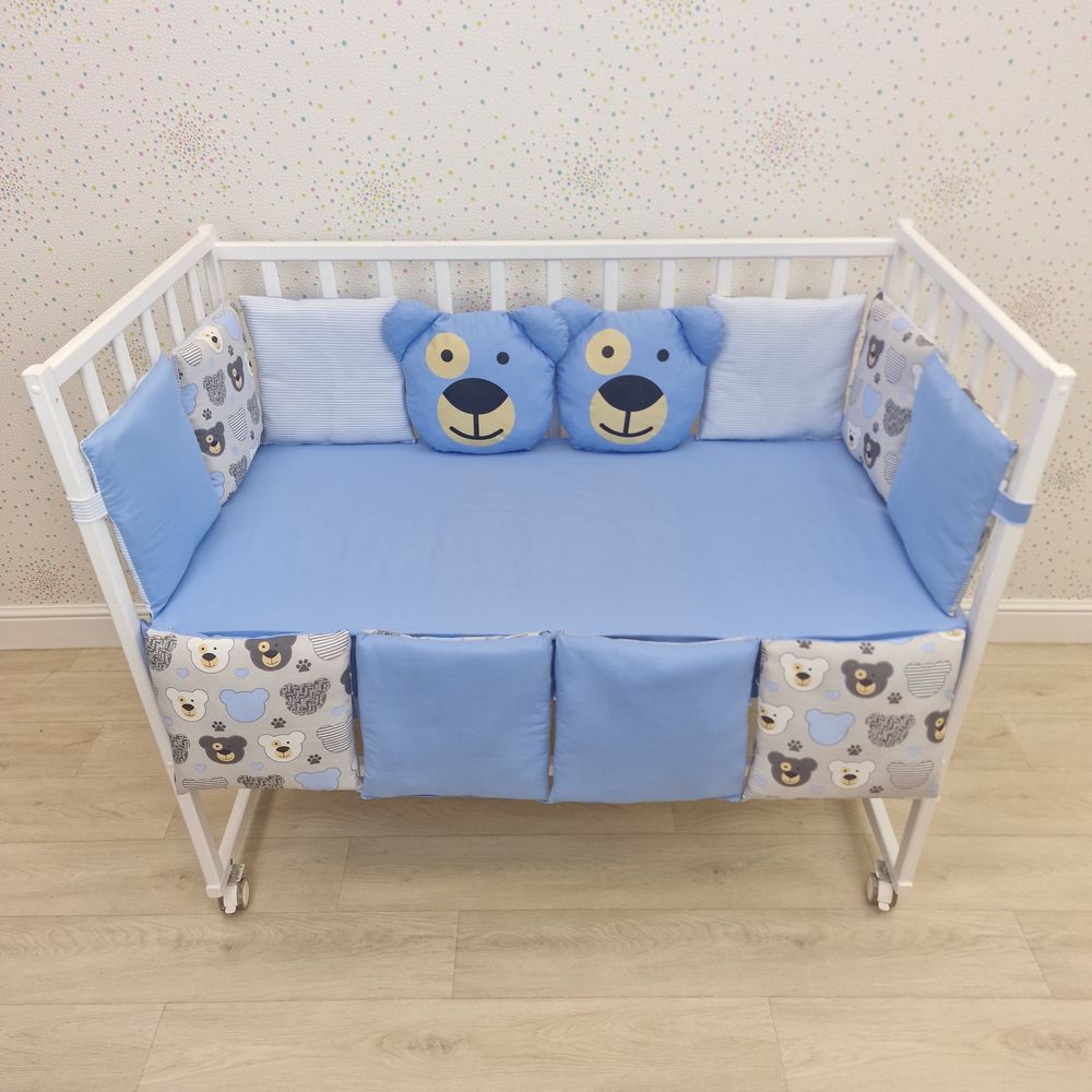 Бортик - 2 мишки + 10 подушек по всему периметру кроватки (бязь + синтепух ш/синтепон) артикул анонс 994_05