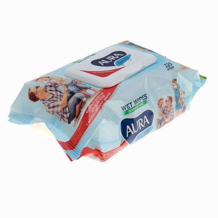 Картинка Влажные салфетки AURA FAMILY, для всей семьи, с антибактериальным эффектом 120 шт (№3823764) от магазина Мир детей Товары для Новорожденных