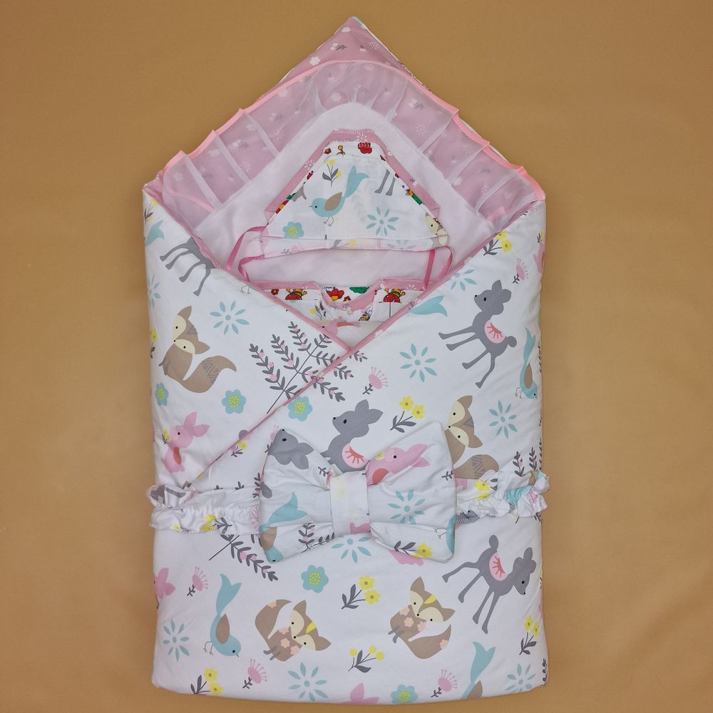 Комплект на выписку 12 пр: одеяло+пододеяльник+уголок+2 пеленки+3 распашонки+3 чепчика+бант артикул анонс 1878б-2-1_о_09