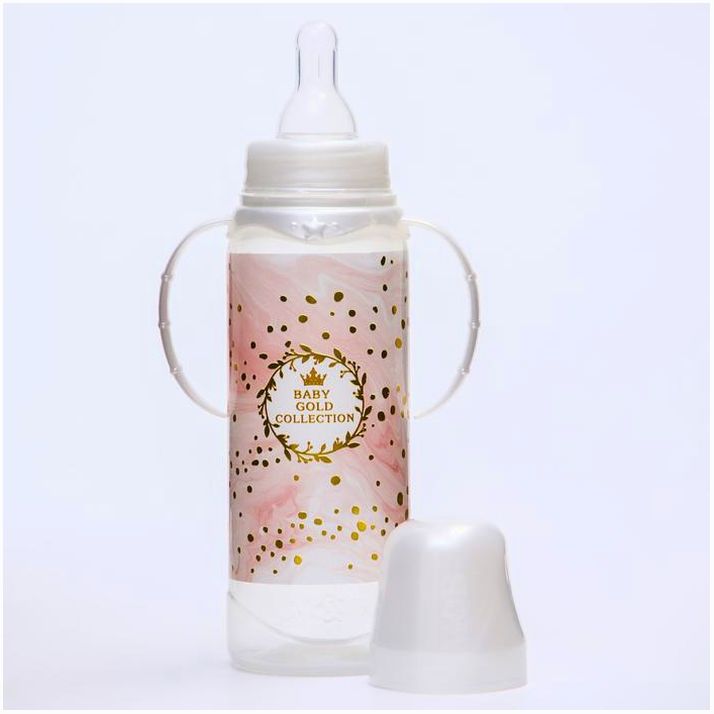 Картинка Бутылочка «Золотая коллекция: розовый мрамор», клас горло, 250 мл, от 3 мес, цилиндр, с ручками (№5399840) от магазина Мир детей Товары для Новорожденных