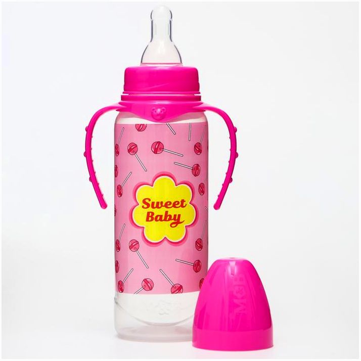 Картинка Бутылочка для кормления Sweet baby, классическое горло, от 0 мес, 250 мл., цилиндр, с ручками (№5399837) от магазина Мир детей Товары для Новорожденных