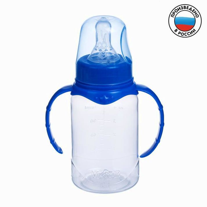 Бутылочка для кормления, классическое горло, с ручками, 150 мл., от 0 мес., цвет синий артикул анонс 2969782