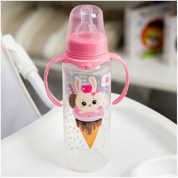 № 4644213 Бутылочка для кормления «Зайка, пончик», классическое горло, 250мл., от 0 мес., цилиндр, с ручками