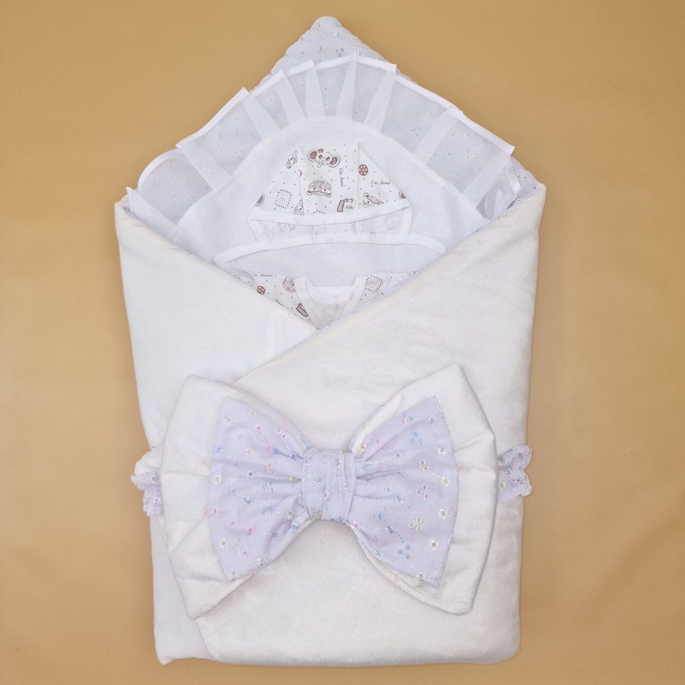 Комплект на выписку 6 пр: одеяло+уголок+распашонка+пеленка+чепчик+бант артикул анонс 1889в-0-2_о_15