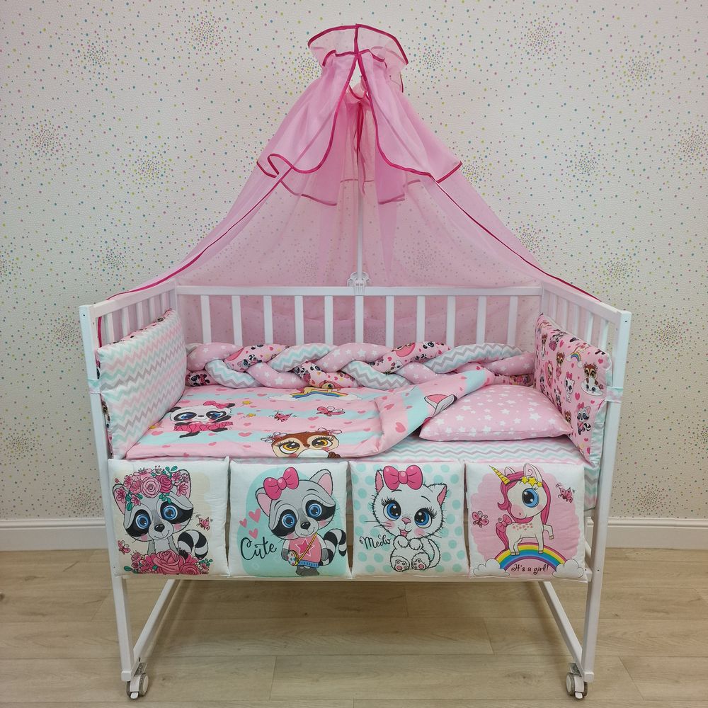 КПБ 15 пр (балдахин + борт + пододеяльник + одеяло + наволочка + подушка + простынь (бязь) коса артикул анонс 1162-0-1К_02