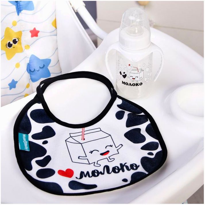 Подарочный набор «Люблю молоко»: бутылочка 150 мл + нагрудник непромокаемый из махры артикул анонс 3654364