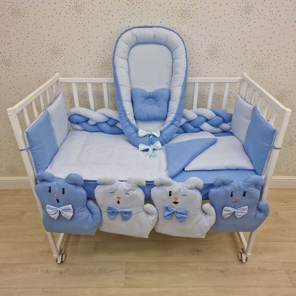 Картинка КПБ 16 пр (борт + пододеяльник + одеяло + наволочка + 2подушки + простынь + гнездо (бязь) (№1171-0-1бб) цвета в ассортименте от магазина Мир детей Товары для Новорожденных