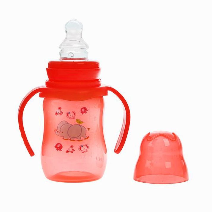 № 2825261 Бутылочка для кормления цветная с ручками, 150 мл, от 0 мес., цвет красный