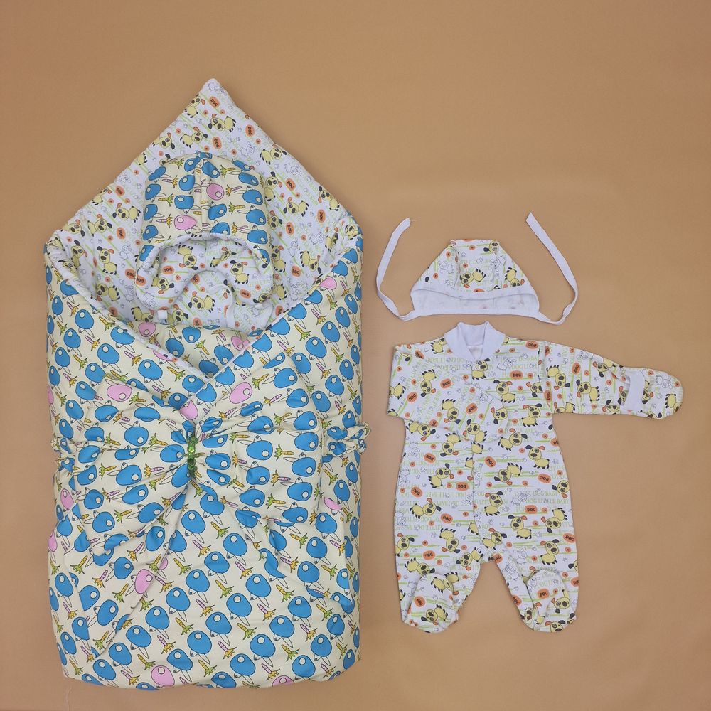 Комплект на выписку 5 пр: одеяло+комбинезон+шапочка+чепчик+бант артикул анонс 1892д-2-2_к_32