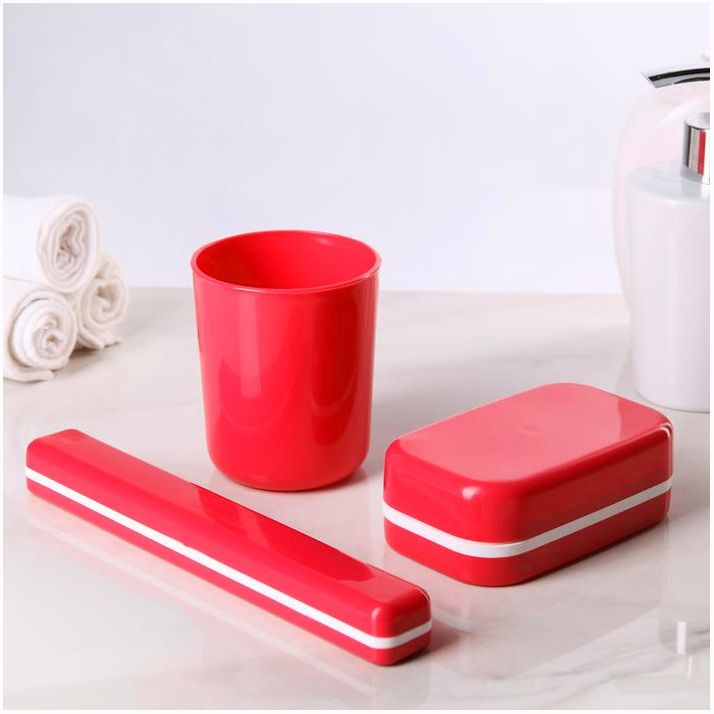 Набор дорожный, 3 предмета: мыльница, стакан, футляр для зубной щетки, цвет МИКС артикул анонс 1232369