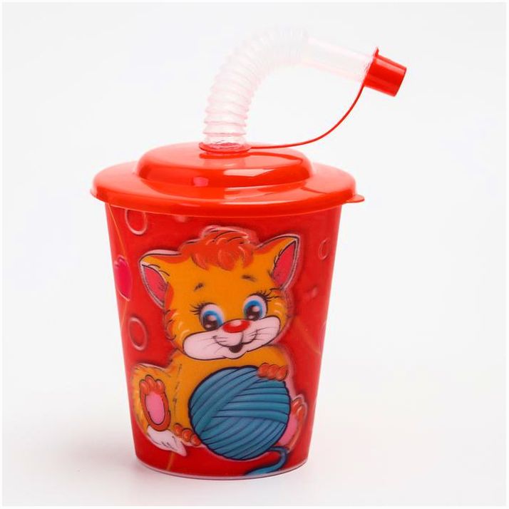 Поильник детский с трубочкой «Котик», голография, 250 мл, от 9 мес., с наклейками артикул анонс 1028518