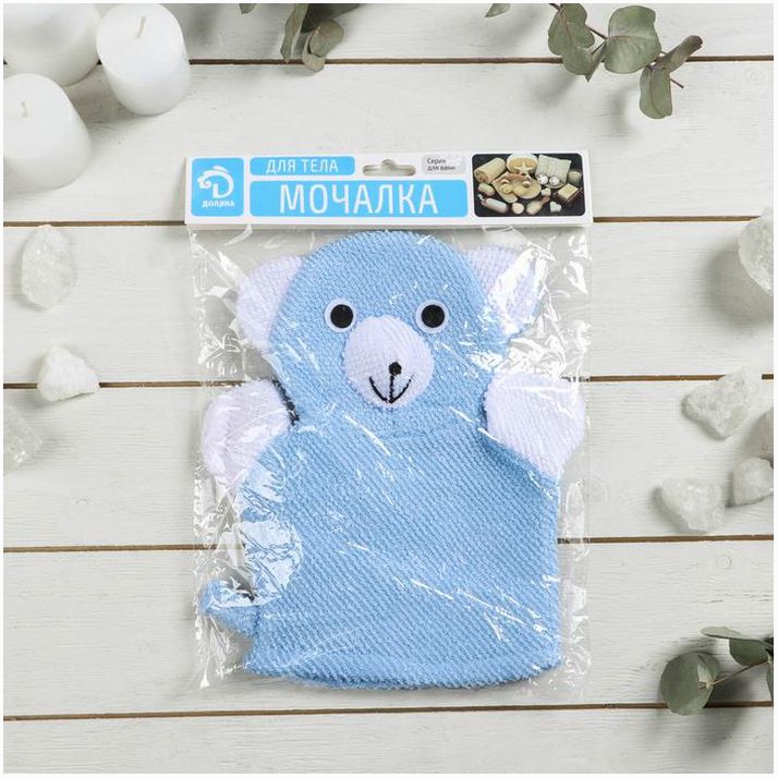 Картинка Мочалка-варежка детская для купания Доляна «Мишка», 22 см (№578732) от магазина Мир детей Товары для Новорожденных