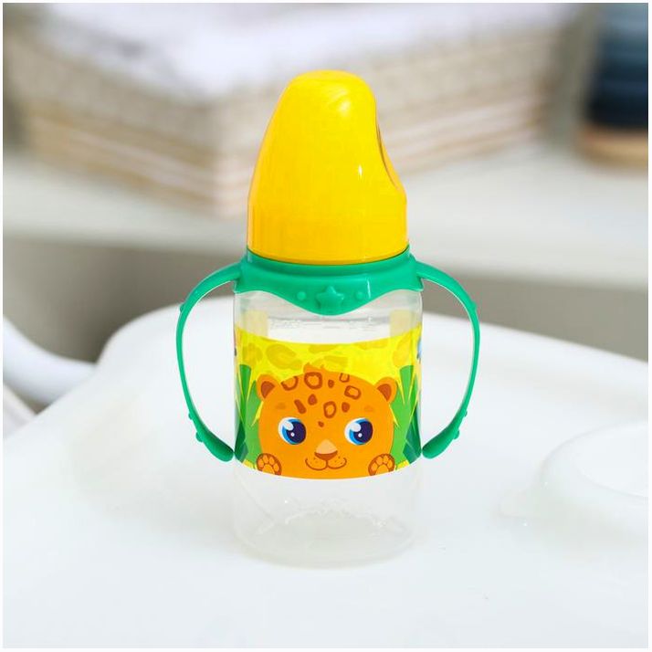 № 4882554 Бутылочка «ТРЕНД. Леопард», классическое горло, 150 мл., от 3 мес., цилиндр, с ручками, цвет желтый