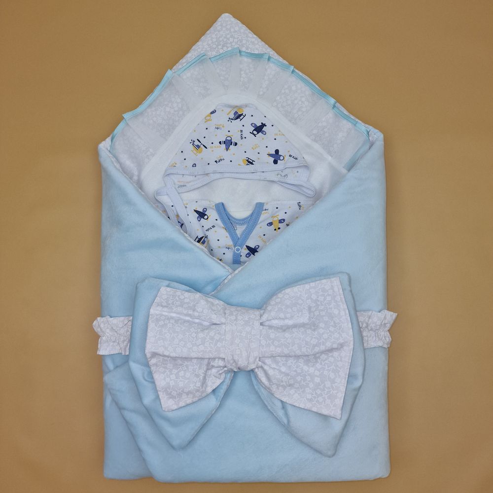 Комплект на выписку 6 пр: одеяло+уголок+распашонка+пеленка+чепчик+бант артикул анонс 1889в-0-2_о_06