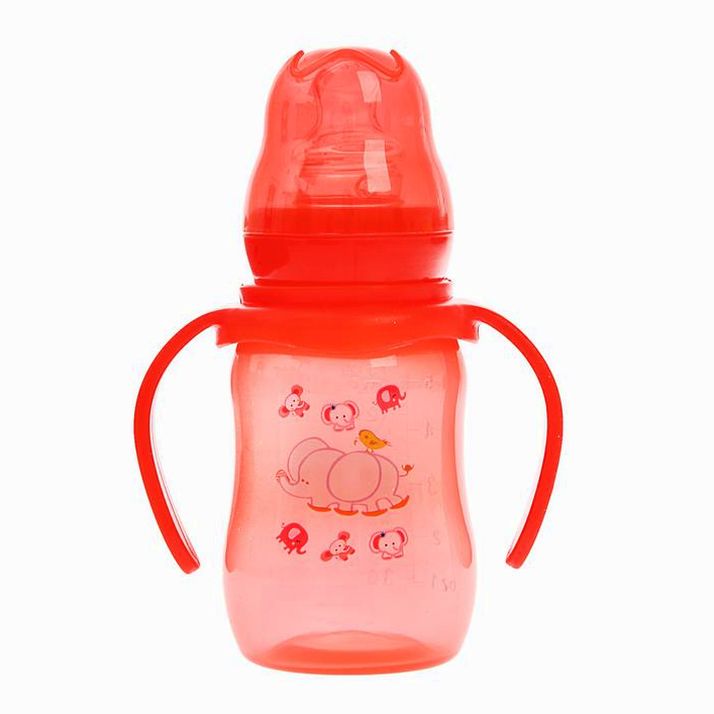 Бутылочка для кормления цветная с ручками, 150 мл, от 0 мес., цвет красный артикул анонс 2825261