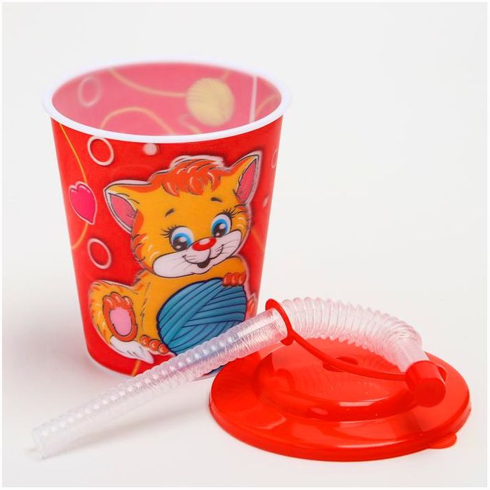 Картинка Поильник детский с трубочкой «Котик», голография, 250 мл, от 9 мес., с наклейками (№1028518) от магазина Мир детей Товары для Новорожденных