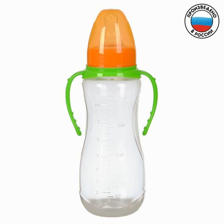 Бутылочка для кормления, классическое горло, с ручками, 250 мл., от 3 мес., цвет зелёный артикул анонс 2969724