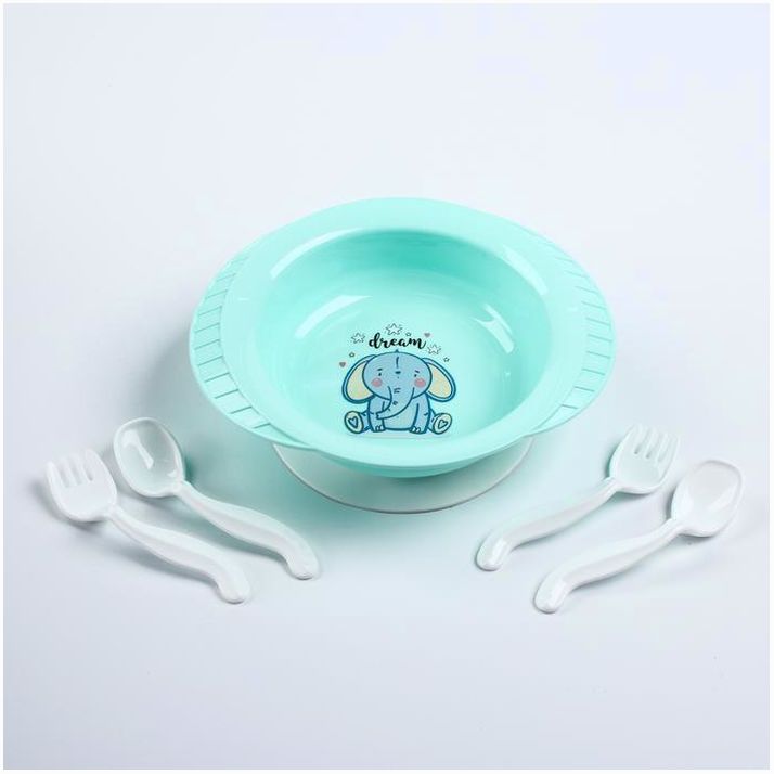 Набор детской посуды: тарелка на присоске, 500 мл, ложка, 2 шт., вилка, 2 шт., цвета МИКС артикул анонс 1378595