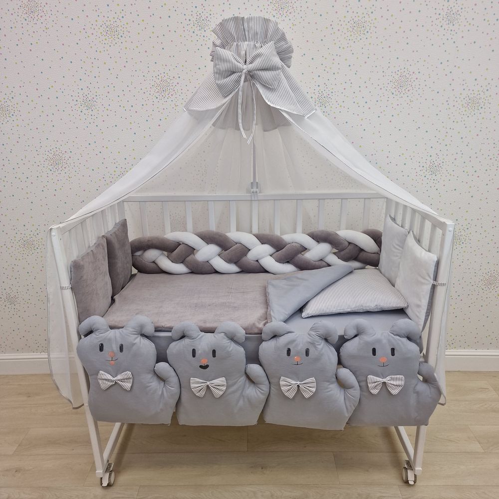 Картинка КПБ 17 пр (балдахин + борт + пододеяльник + одеяло + наволочка + подушка + простынь (плюш/бязь) (№1179-0-1) цвета в ассортименте от магазина Мир детей Товары для Новорожденных