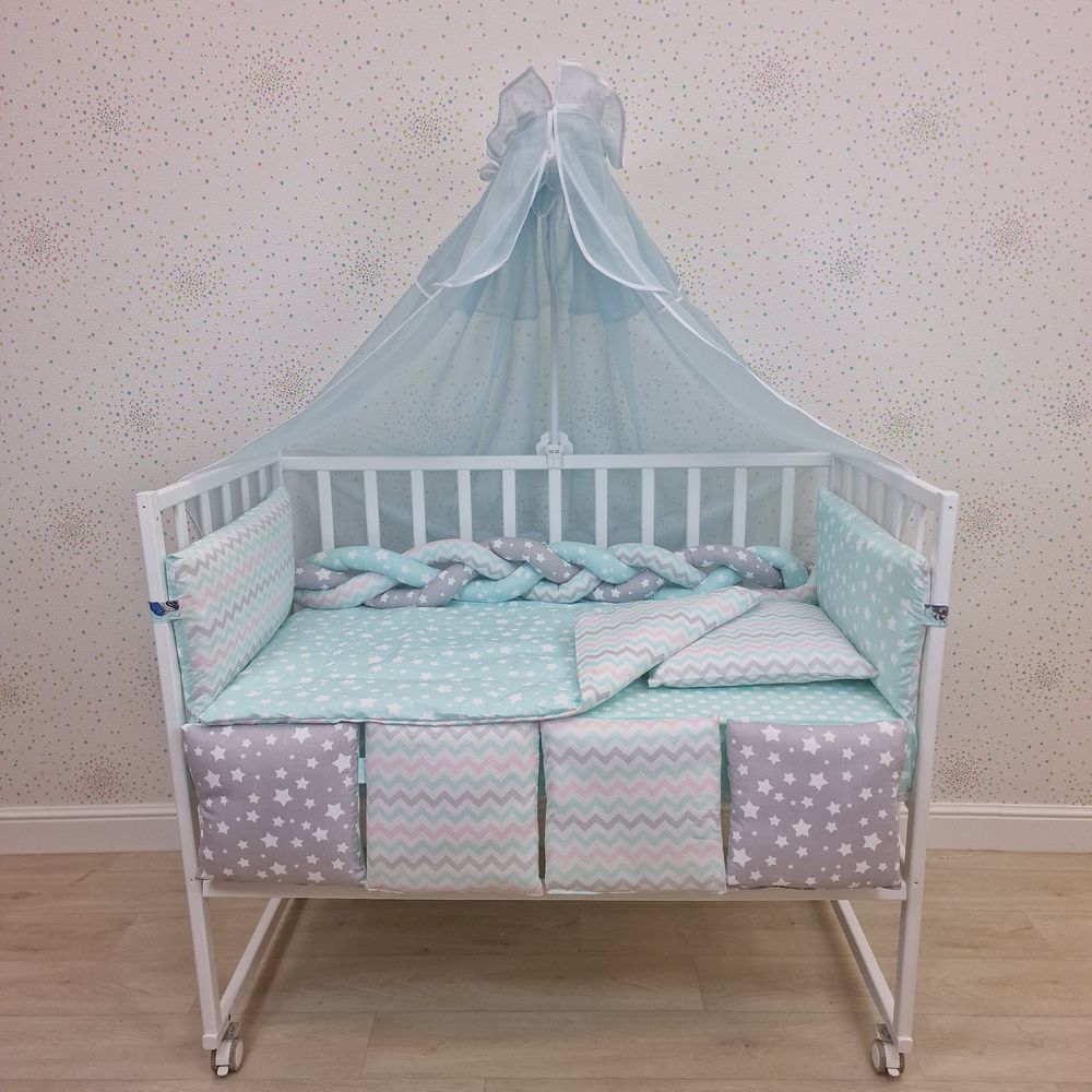 КПБ 15 пр (балдахин + борт + пододеяльник + одеяло + наволочка + подушка + простынь (бязь) коса артикул анонс 1155-0-1