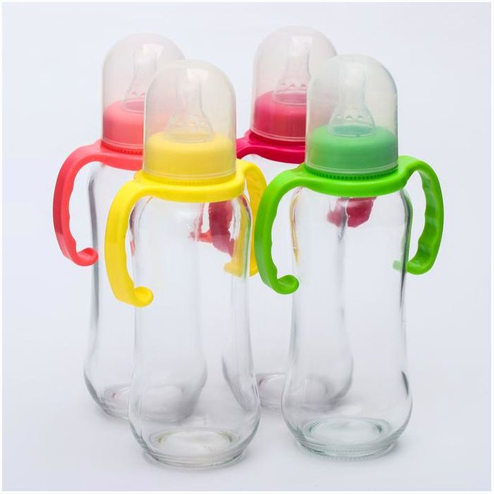 Картинка Бутылочка для кормления, стекло, 250 мл., с ручками, цвет МИКС (№4627671) от магазина Мир детей Товары для Новорожденных