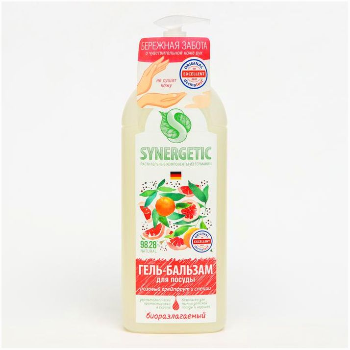 Гель-бальзам для мытья и детских игрушек SYNERGETIC Розовый грейпфрут и специи,биоразлагаемый, 1л артикул анонс 9619256