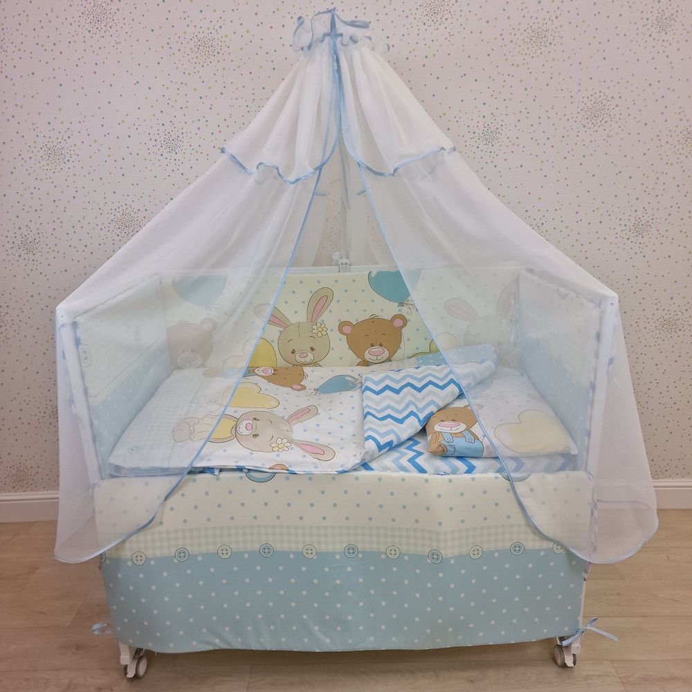 КПБ 10 пр (балдахин + борт + пододеяльник + одеяло + наволочка + подушка + простынь (бязь) 4прямуг артикул анонс 1147-4-1