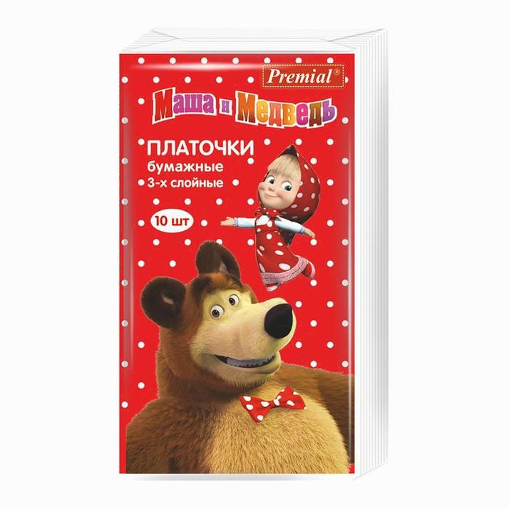 Картинка Платочки бумажные «Premial» Маша и Медведь, трехслойные, 10 шт/уп (№1239980) от магазина Мир детей Товары для Новорожденных