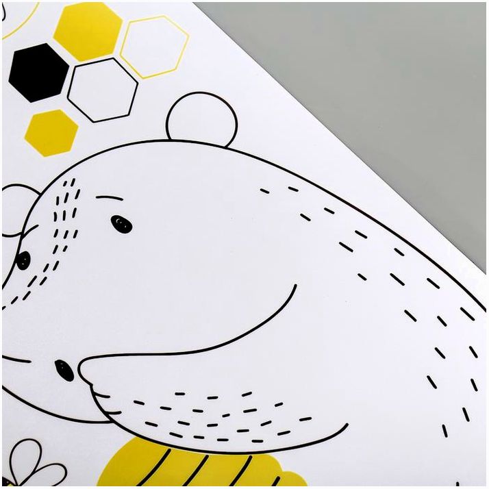 Картинка Наклейка пластик интерьерная цветная с чёрным "Медвежонок с мёдом и пчёлами" 30х60 см (№5512195) от магазина Мир детей Товары для Новорожденных