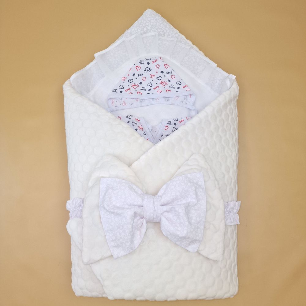 Комплект на выписку 6 пр: одеяло+уголок+распашонка+пеленка+чепчик+бант артикул анонс 1889в-0-1_о_13