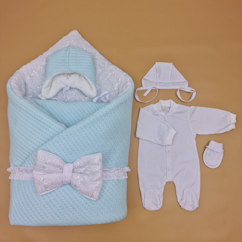 № 1886вз-1-1_о Комплект на выписку 6 пр: одеяло+комбинезон+шапочка+чепчик+рукавички+бант