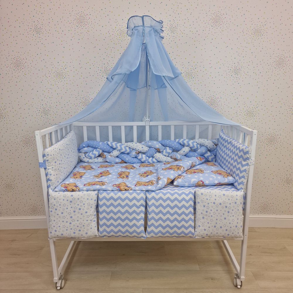 КПБ 15 пр (балдахин + борт + пододеяльник + одеяло + наволочка + подушка + простынь (бязь) коса артикул анонс 1157-0-1