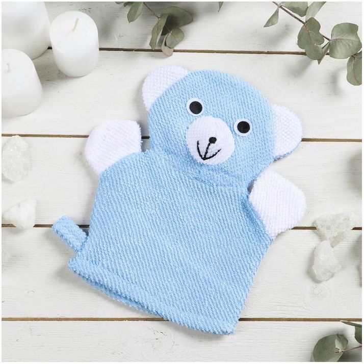 Мочалка-варежка детская для купания Доляна «Мишка», 22 см артикул анонс 578732