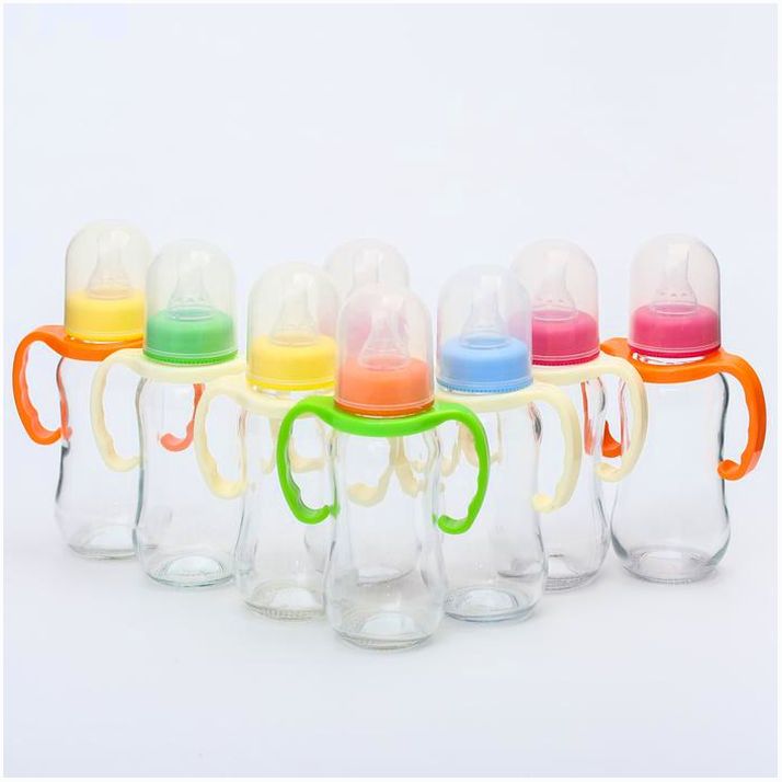 Картинка Бутылочка для кормления, стекло, 200 мл., с ручками, цвет МИКС (№4627675) от магазина Мир детей Товары для Новорожденных