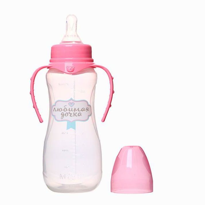 № 2969811 Бутылочка «Любимая доченька», клас горло, приталенная, с ручками, 250 мл, от 0 мес, цвет розовый