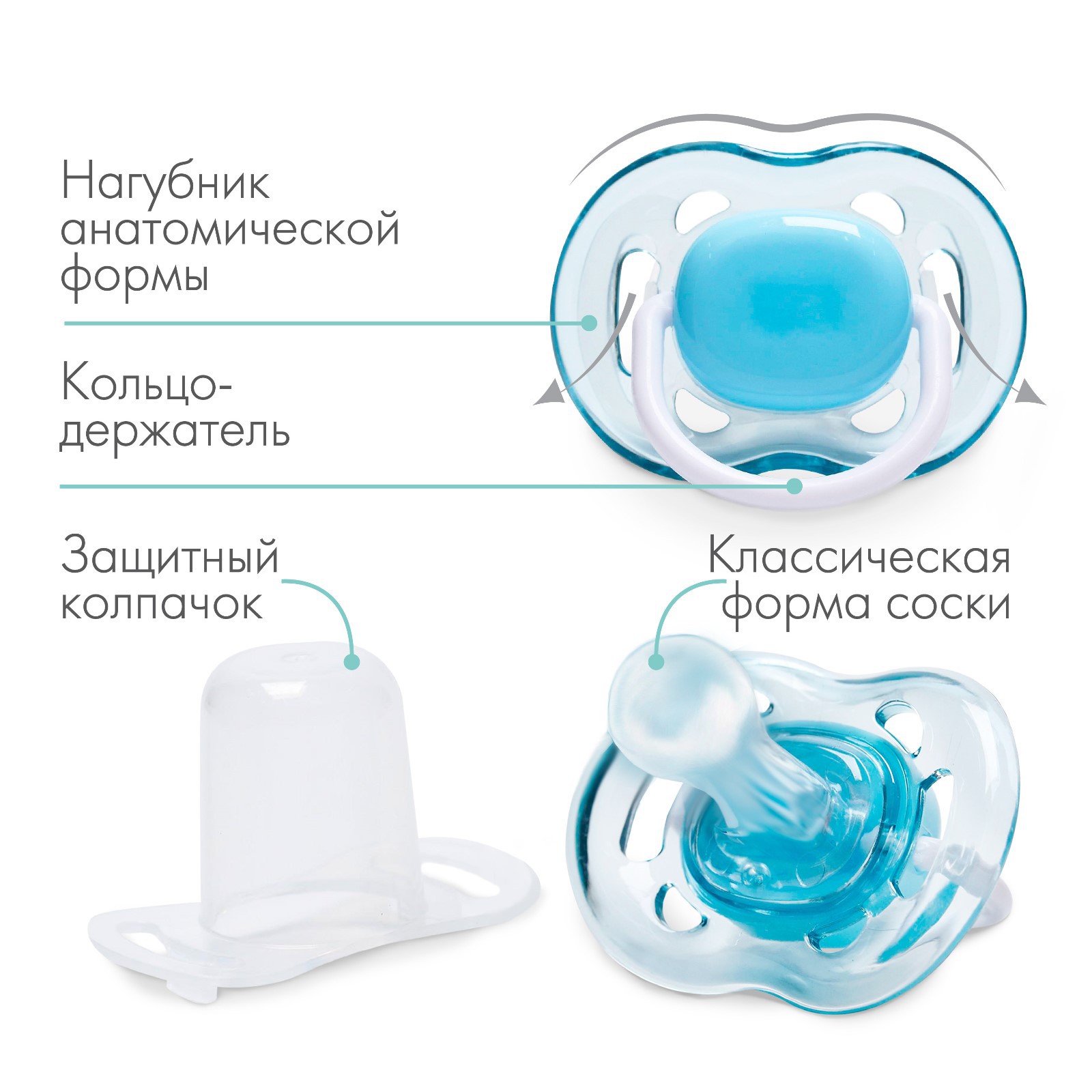 № 9572342 Соска - пустышка классическая, силикон, +6мес., с колпачком, цвет голубой