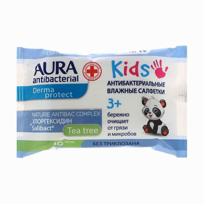 Влажные салфетки AURA, детские 3+, 15 шт. артикул анонс 5426625