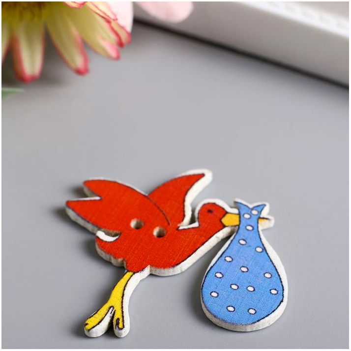 Картинка Набор пуговиц для творчества дерево "Аист с малышом" набор 15 шт 3,4х3,5 см (№4287394) от магазина Мир детей Товары для Новорожденных