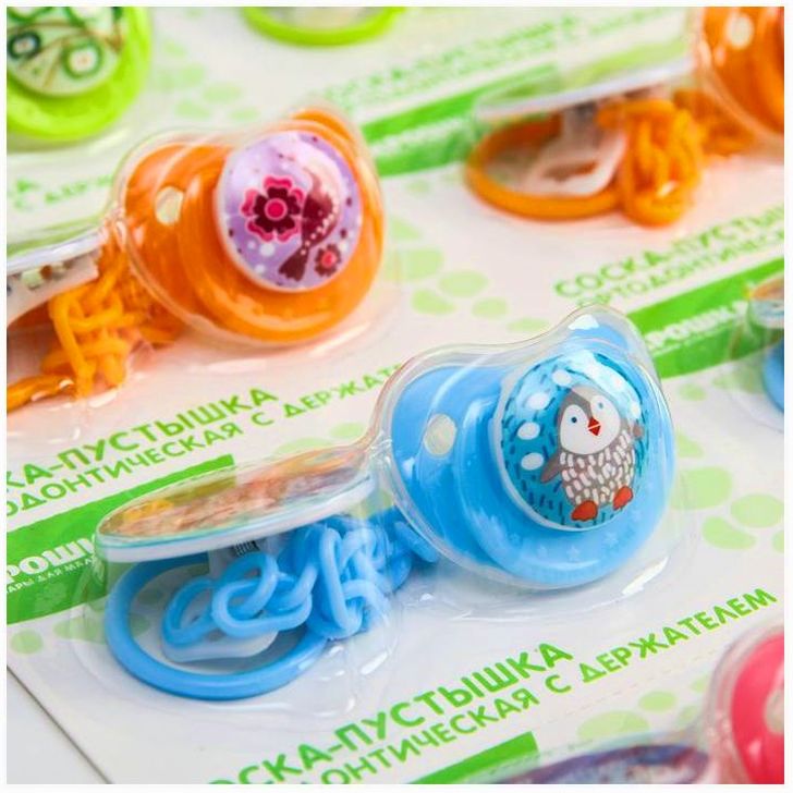 № 4301014 Пустышка с держателем, ортодонтическая, от 0 мес., виды и цвета МИКС