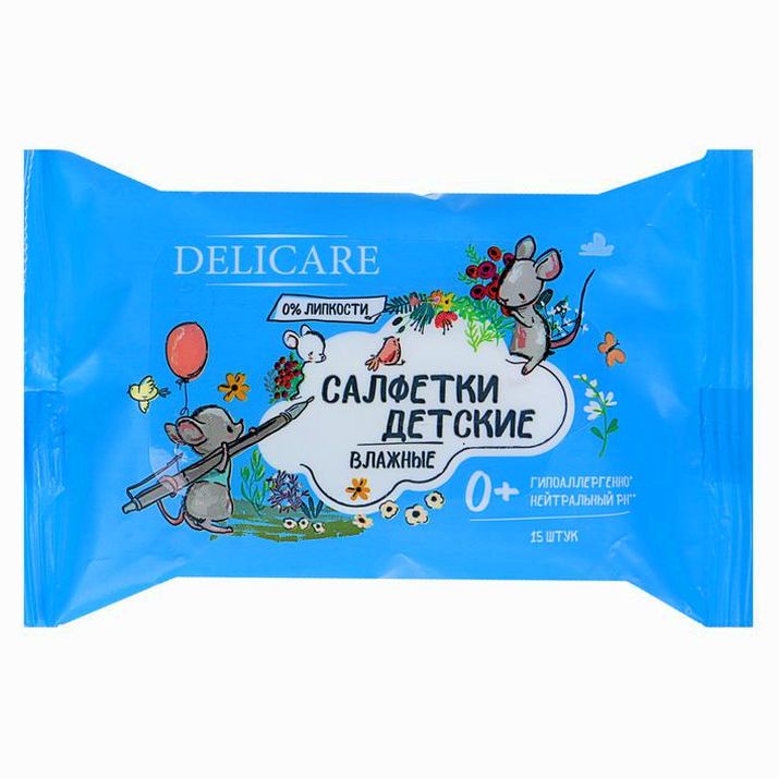 Влажные салфетки Delicare, для детей, Мышата, 15 шт. артикул анонс 4420005