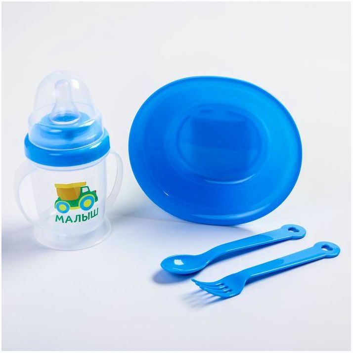 Набор детской посуды «Малыш», 4 предмета: тарелка, бутылочка, ложка, вилка, от 5 мес. артикул анонс 3275229