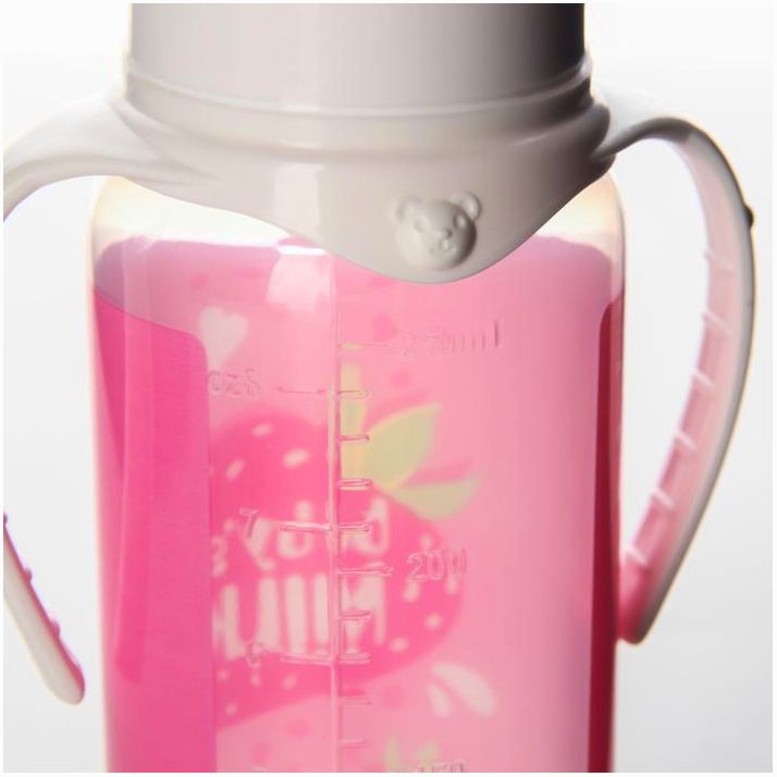 Картинка Бутылочка «Клубничное молоко», горло, 250 мл., от 0 мес., цилиндр, с ручками (№7369075) от магазина Мир детей Товары для Новорожденных