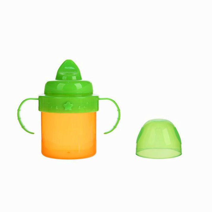 № 3725845 Поильник детский с твёрдым носиком, с ручками, 150 мл, цвет оранжевый/зеленый
