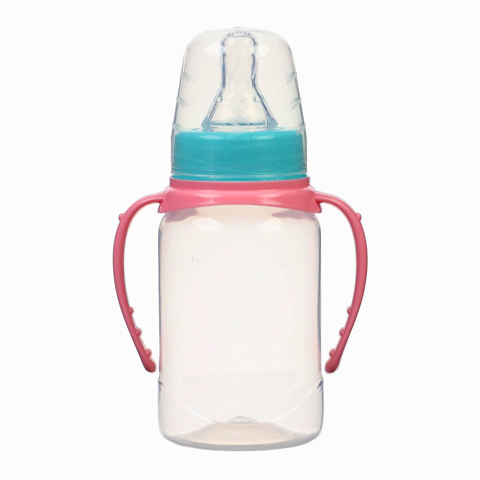 № 9915796 Бутылочка, клас горло, 150 мл, от 0 мес, цилиндр, с ручками, цвет бирюзовый/розовый
