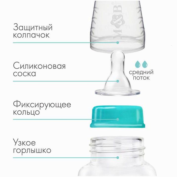 № 9291669 Бутылочка для кормления, классическое горло, 250 мл., от 3 мес., цилиндр, цвет бирюзовый