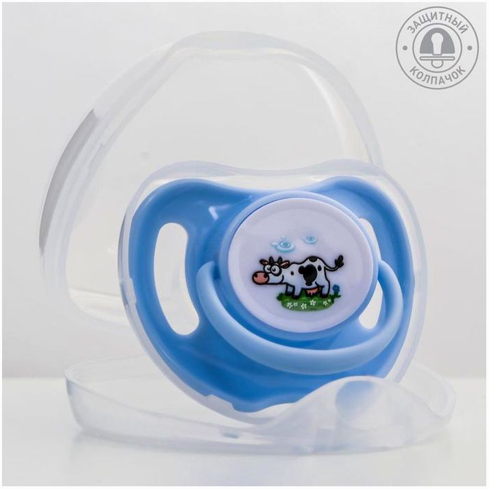 Пустышка от 6 мес., ортодонт., с колпачком, контейнер, цвет голубой/зеленый артикул анонс 4591111