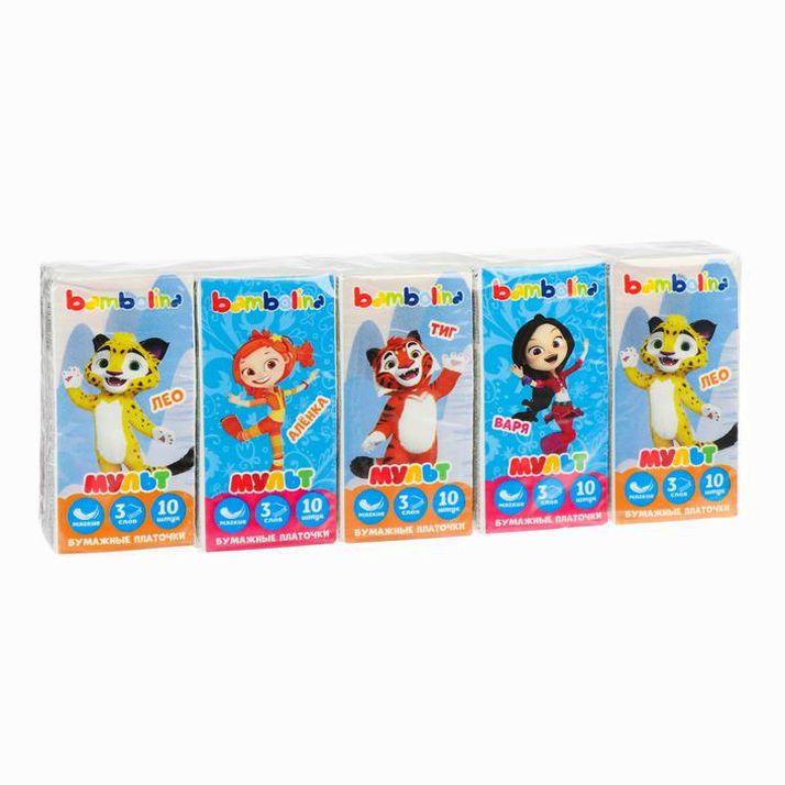 Платочки бумажные Bambolina Ми-ми-мишки и Лео и Тиг 3 слоя, 10 шт. Микс артикул анонс 6779100